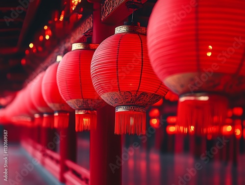 Red Chinese Lanterns Hanging In Row Festive Decor photo