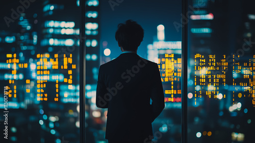 abstract, business, team, stands, peak, success, Abstract business man stands on the peak of success amid tall, innovative Smart city and graphs with statistics to analyze business potential and predi photo