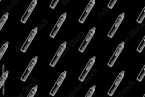 electronic cigarette smoke doodle seamless pattern on black background for decor, merchandise. atomizer vape engraving vector isolated pattern background. seamless pattern of vaping device background 