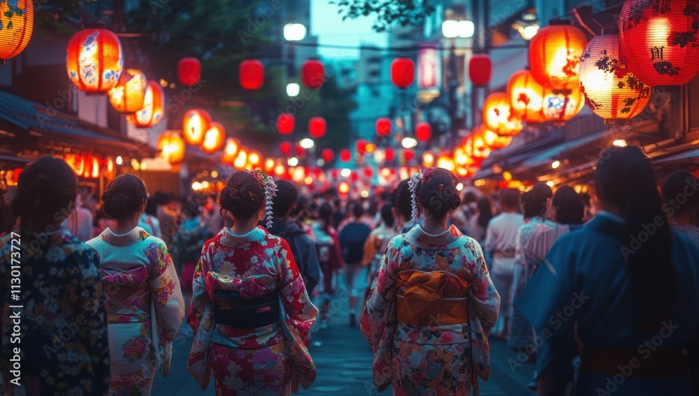 Fototapeta premium Japanese Women in Kimonos Walking Under Red Lanterns