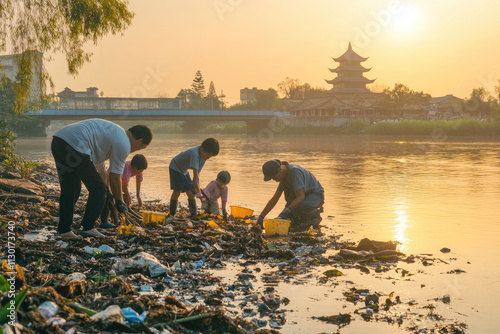 Volunteers from an Asian community pulling debris from the river, children and elders working together. Copyspace at the top. Warm, golden hour lighting. Scenic riverside with a small pagoda