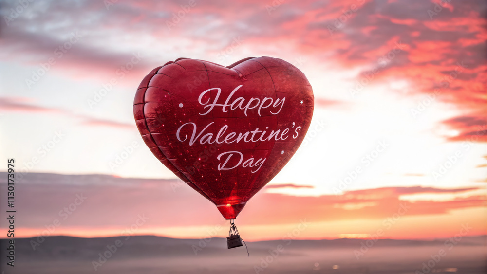 Fototapeta premium Heart shaped hot air balloon with Happy Valentine Day text floating against vibrant sunset sky, symbolizing love and celebration