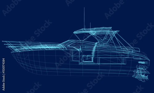Motor boat wireframe from blue lines isolated on dark background. Side view. 3D. Vector illustration.