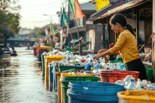 Asian community sorting plastic bottles and cans by the river, with colorful bins and smiles. Copyspace on the right. Soft, morning light. Riverside setup with traditional umbrellas and flags