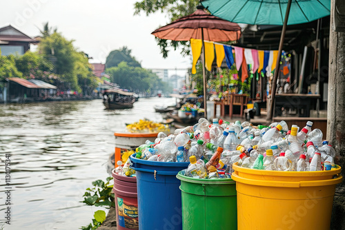 Asian community sorting plastic bottles and cans by the river, with colorful bins and smiles. Copyspace on the right. Soft, morning light. Riverside setup with traditional umbrellas and flags