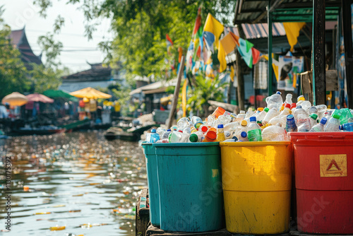 Asian community sorting plastic bottles and cans by the river, with colorful bins and smiles. Copyspace on the right. Soft, morning light. Riverside setup with traditional umbrellas and flags
