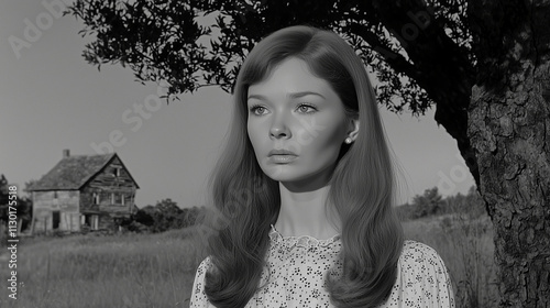 A young woman with long hair stands under an oak tree in front of her old farmhouse. Her expression looks thoughtful or sad as she gazes off to one side, looking at something distant.