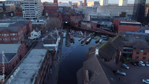Birmingham Canal Old Line And The Gas Street Basin In Birmingham, England, UK. - aerial shot