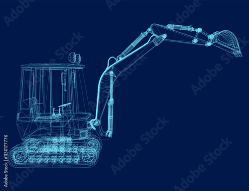 Mini Excavator 3d wireframe template vector. Heavy equipment logo vector for construction company. Creative excavator illustration for logo template.