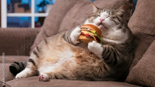 Very Fat Cat Enjoys Burger on Couch photo