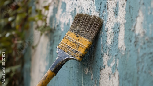 Brush against peeling paint on a residential building symbolizing the concept of renovation and restoration in urban environments.