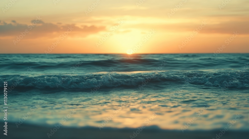 Obraz premium Serene tropical sunset over ocean waves with a soft blur effect creating a tranquil atmosphere in horizontal orientation