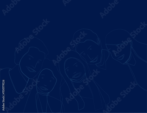 Outline Group of people embracing each other from blue lines. Teamwork and cooperation. Community of friends or volunteers committed to social issues for peace and the environment
