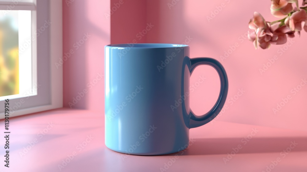 Obraz premium Blue ceramic coffee mug on soft pink background with natural light and floral accents, perfect for lifestyle or product photography.