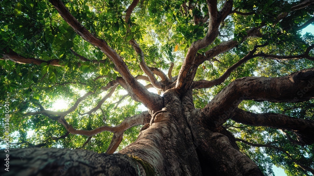 Fototapeta premium Majestic tree branches with lush green foliage shot from the ground perspective showcasing natural beauty and serenity outdoors