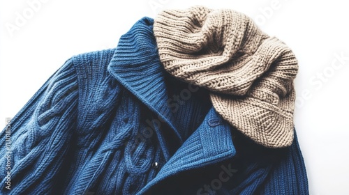 Cozy blue jacket and knitted beige hat styled on a white background showcasing winter fashion essentials for a warm look. photo