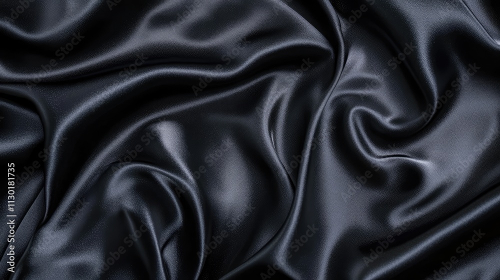 Fototapeta premium Luxurious black satin fabric texture with soft waves and subtle shine creating an elegant and refined abstract background design.