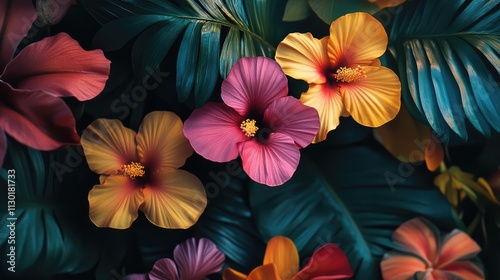 Vibrant tropical flowers with lush green leaves creating a stunning natural backdrop in a rich color palette