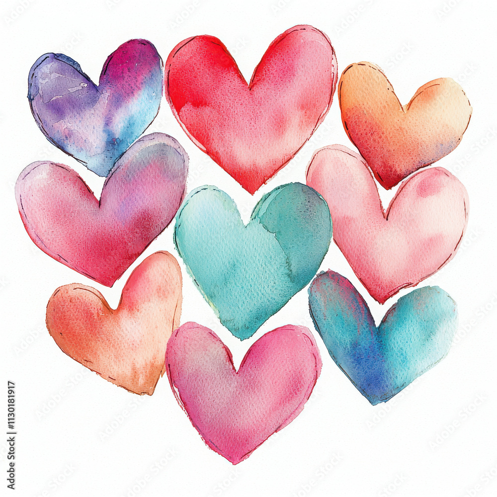 Obraz premium Colorful heart shaped watercolor designs in various shades and sizes, isolated design on white background 