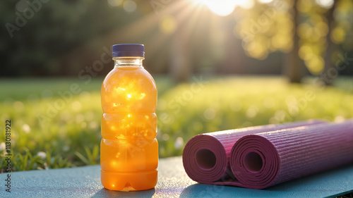 Yellow isotonic drink bottle on grass with yoga mat in sunlight photo