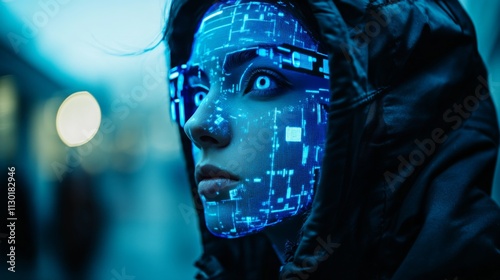 Wallpaper Mural Cyberpunk-themed person wearing a glowing blue mask in the dark Torontodigital.ca