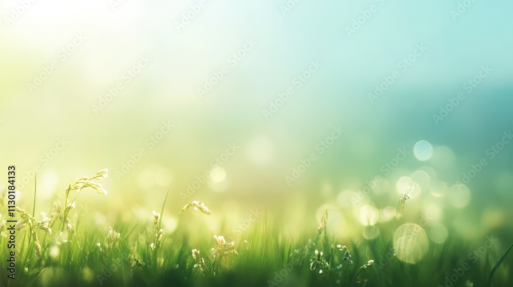 Fototapeta premium Serene blurred background of lush rice field illuminated by soft sunlight creating a tranquil and peaceful atmosphere