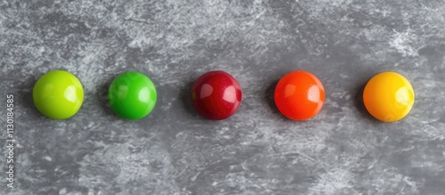 Colorful candy skittles arranged in a row on a textured gray background showcasing vibrant toy pop it design elements.