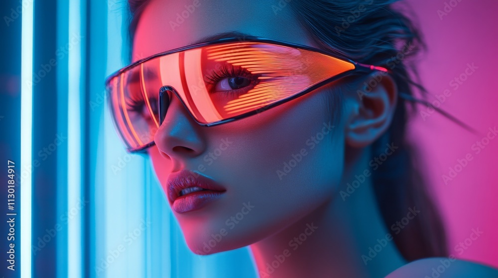 Fototapeta premium Stylish woman wearing orange-tinted sunglasses and neon lights