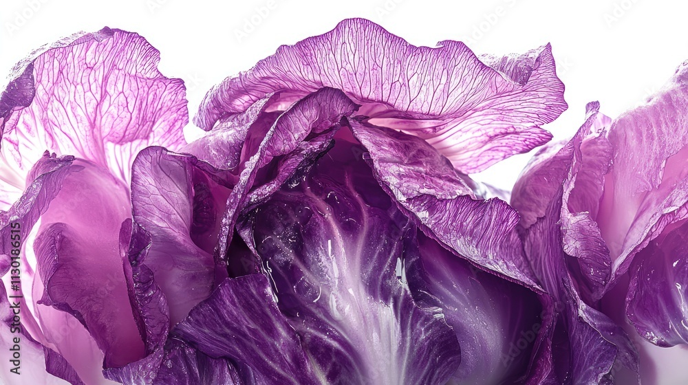 Obraz premium Purple cabbage close-up showcasing vibrant textures and layers on a white background ideal for culinary or natural food concepts
