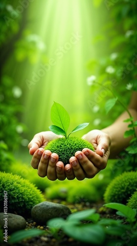 Hands holding a young plant on a lush green background with sun rays in tranquil atmosphere