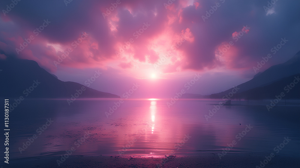Naklejka premium A tranquil lakeshore captured during a Solar Flare Phenomenon where intense bursts of light create dramatic lens flares across the scene Utilize vivid rose pink and sapphire blue