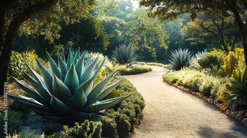 Sisal Plant Agave Sisalana in a Lush Garden Pathway Surrounded by Greenery and Sunlight in a Tranquil Natural Setting photo