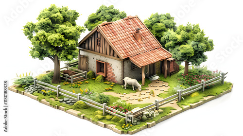 Isometric 3D Cartoon landscape cowshed photo