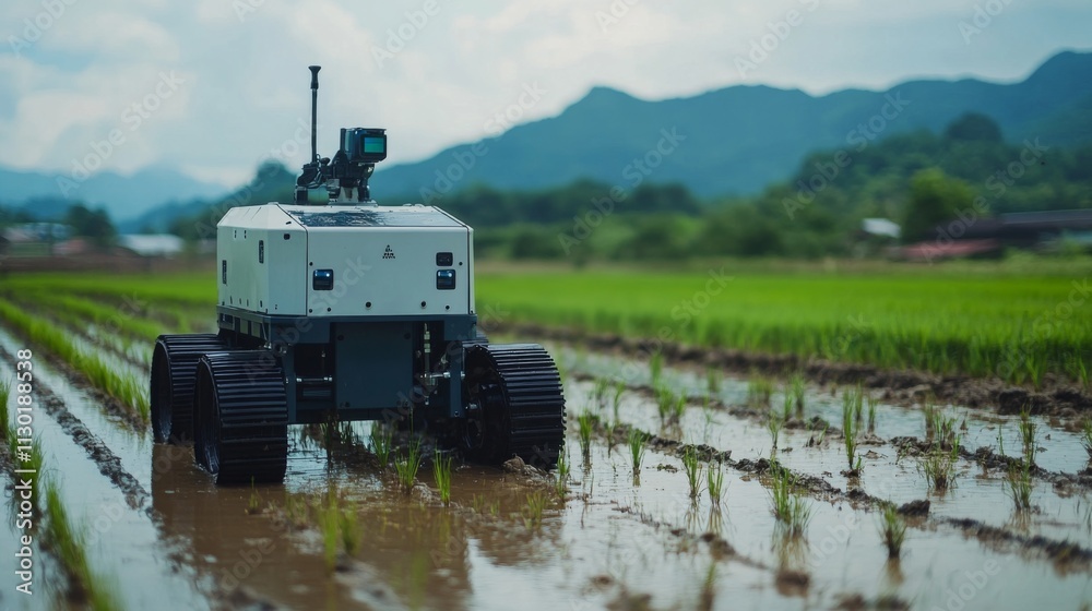 Fototapeta premium Tractor working in a flooded rice field on a sunny day