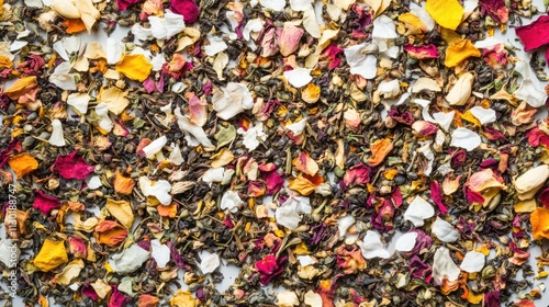 Colorful dried flower tea blend with petals and herbs creating an inviting textured background for wellness and health themed designs photo