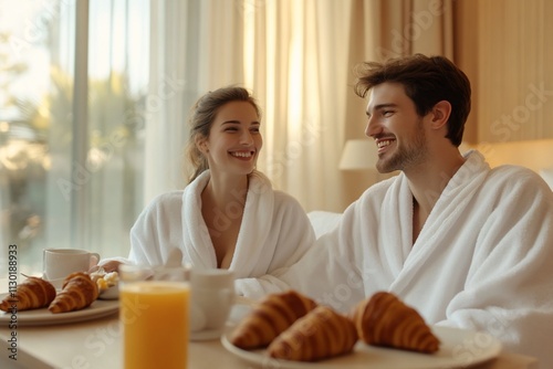 A couple enjoying breakfast in robes with pastries and juice. photo