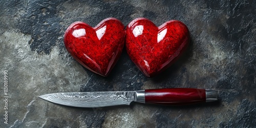 Two intertwined hearts with a knife positioned between them. This striking image emphasizes the hearts at the center, creating a powerful visual for the theme of love and Valentine s Day. photo