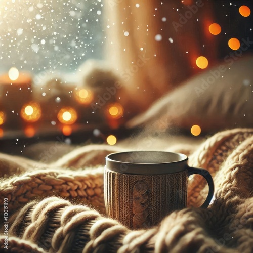 A cozy scene featuring a steaming cup of tea or coffee, resting on a knitted blanket.