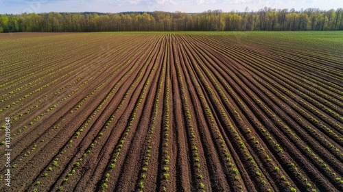 Aerial view of prepared agricultural field in early spring with neat rows and lush green forest backdrop under clear blue sky photo