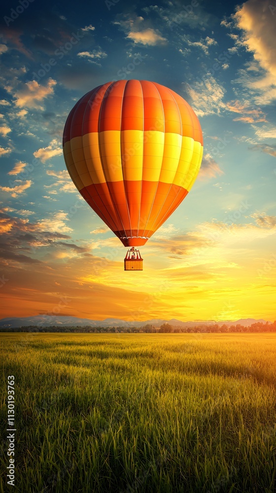 Fototapeta premium Hot air balloon adventure scenic field outdoor activity sunset view freedom concept for memorable experiences