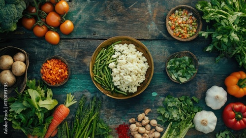 Colorful assortment of fresh vegetables for Aviyal traditional dish with ingredients arranged on wooden table for a healthy recipe concept photo