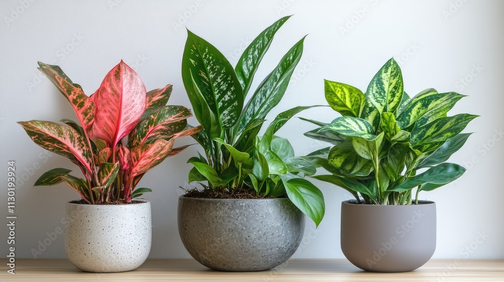 Fototapeta premium Vibrant Aglaonema varieties in stylish pots showcasing lush green foliage and colorful leaves perfect for indoor decoration and gardening inspiration