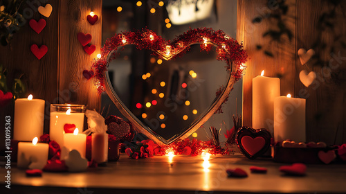 Heart shaped mirror with candles and decorations for romantic ambiance