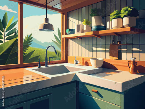 fullpage colorful illustration of a clean sink area with natural wood accents and matte fixtures.