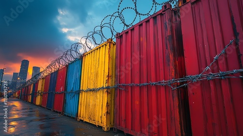 Barbed wire surrounding shipping containers, trade restriction, economic sanctions on global commerce