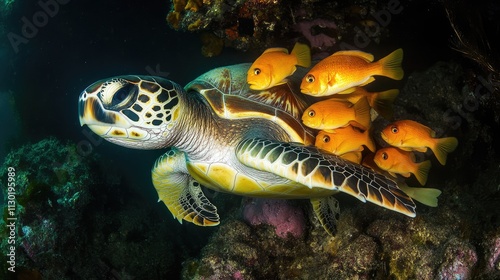 Sea turtle gliding through vibrant coral reef accompanied by pilot fish showcasing underwater marine life diversity photo