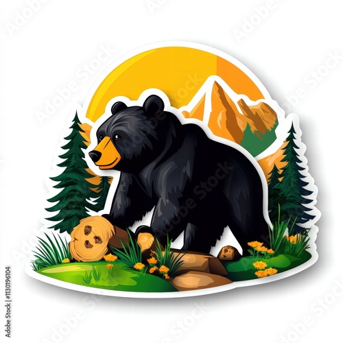 Black Bear in Nature Majestic Wilderness Scene with Mountains and Forests photo