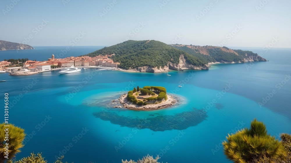 Naklejka premium Sunny day on Isola Bella island showing clear turquoise waters and ancient buildings, small island, ancient buildings