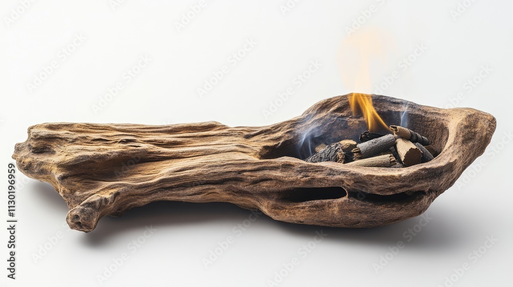 Obraz premium Agarwood Oud and incense stick burning in elegant wooden holder on minimalist white background