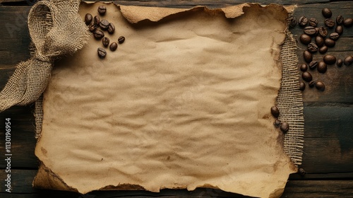 Vintage paper background with coffee beans and burlap ribbon on rustic wooden surface for creative and culinary themes photo